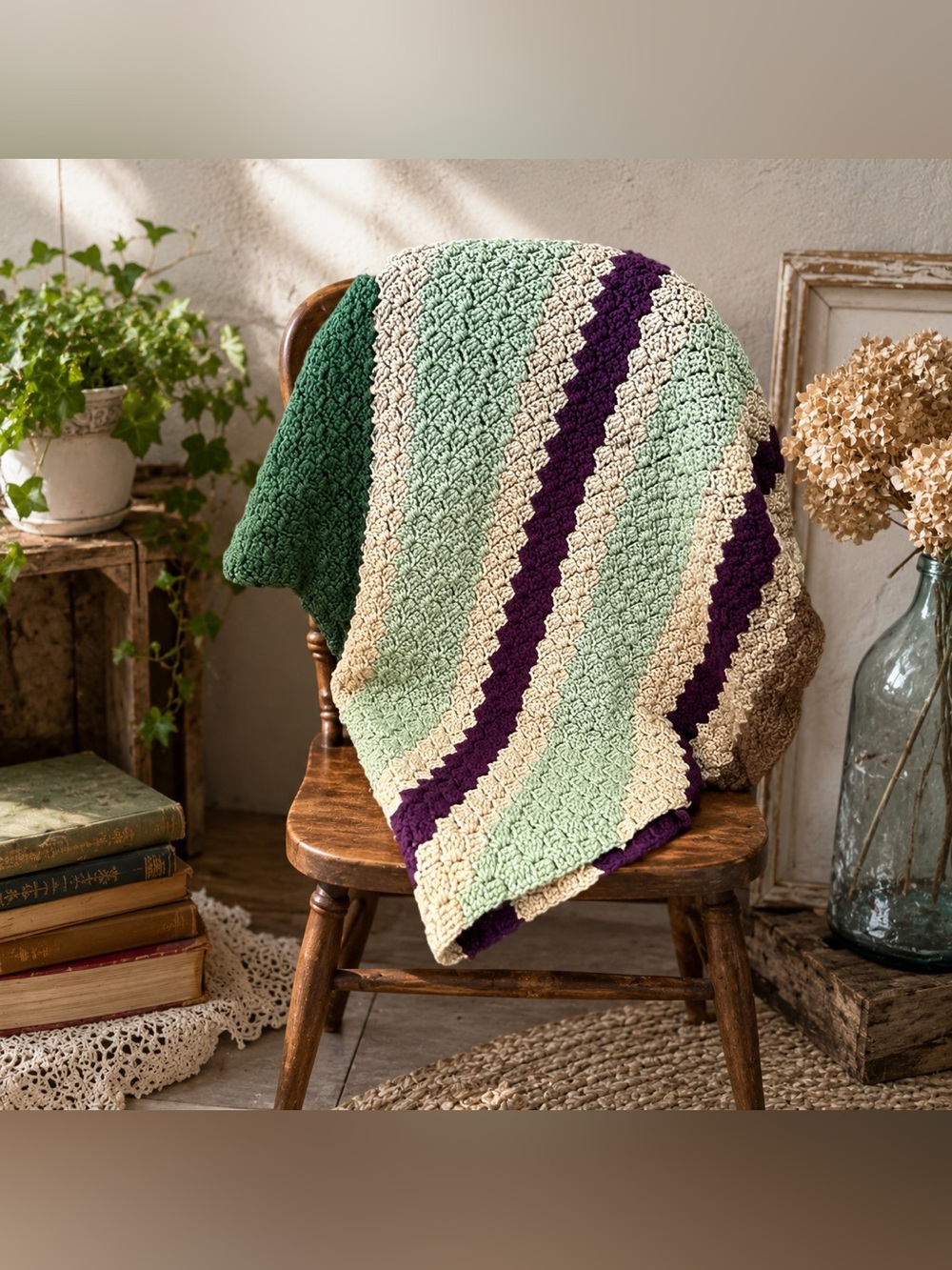Handmade Crochet Afghan Throw Blanket Green Sage Plum Striped 33" x 53"